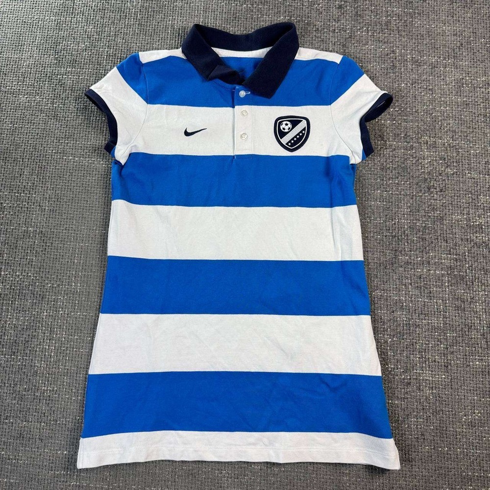 Nike Polo Shirt Womens Large Blue White Striped Soccer Crest Blokecore Y2K